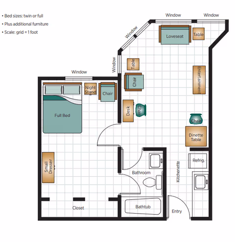 Floor plan of a senior living apartment at Belmont Village Senior Living Buckhead showing a full bed with nightstand and chair in the bedroom, a small dresser and closet, a bathroom with bathtub and toilet, a kitchenette with refrigerator and sink, and a living area with loveseat, chairs, tables, desk, entertainment center, and dinette table. Windows are indicated along the exterior walls. Scale grid represents 1 foot per square.