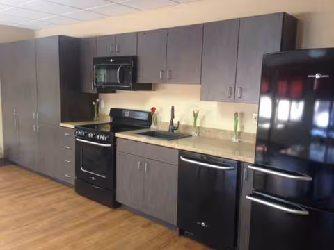 Modern residential kitchen with dark cabinets, stainless appliances, and a wooden floor.