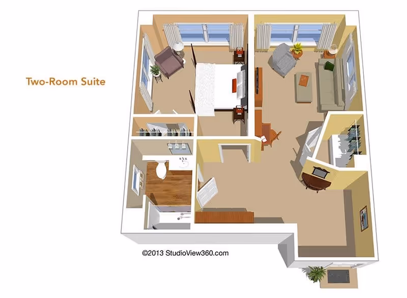 3D floor plan of a two-room suite showing a bedroom with a bed, nightstands, and a chair; a living room with a sofa, armchair, coffee table, TV, and desk; a bathroom with a toilet, sink, and bathtub; and an entryway with a closet.