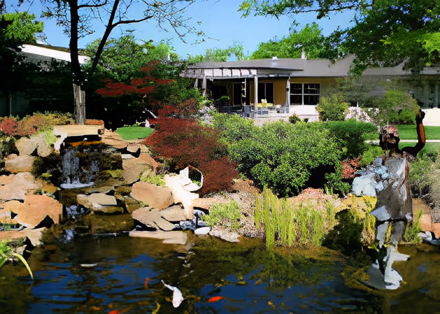 Landscaped pond with rocks, koi fish, and shrubs in front of a single-story senior community building.