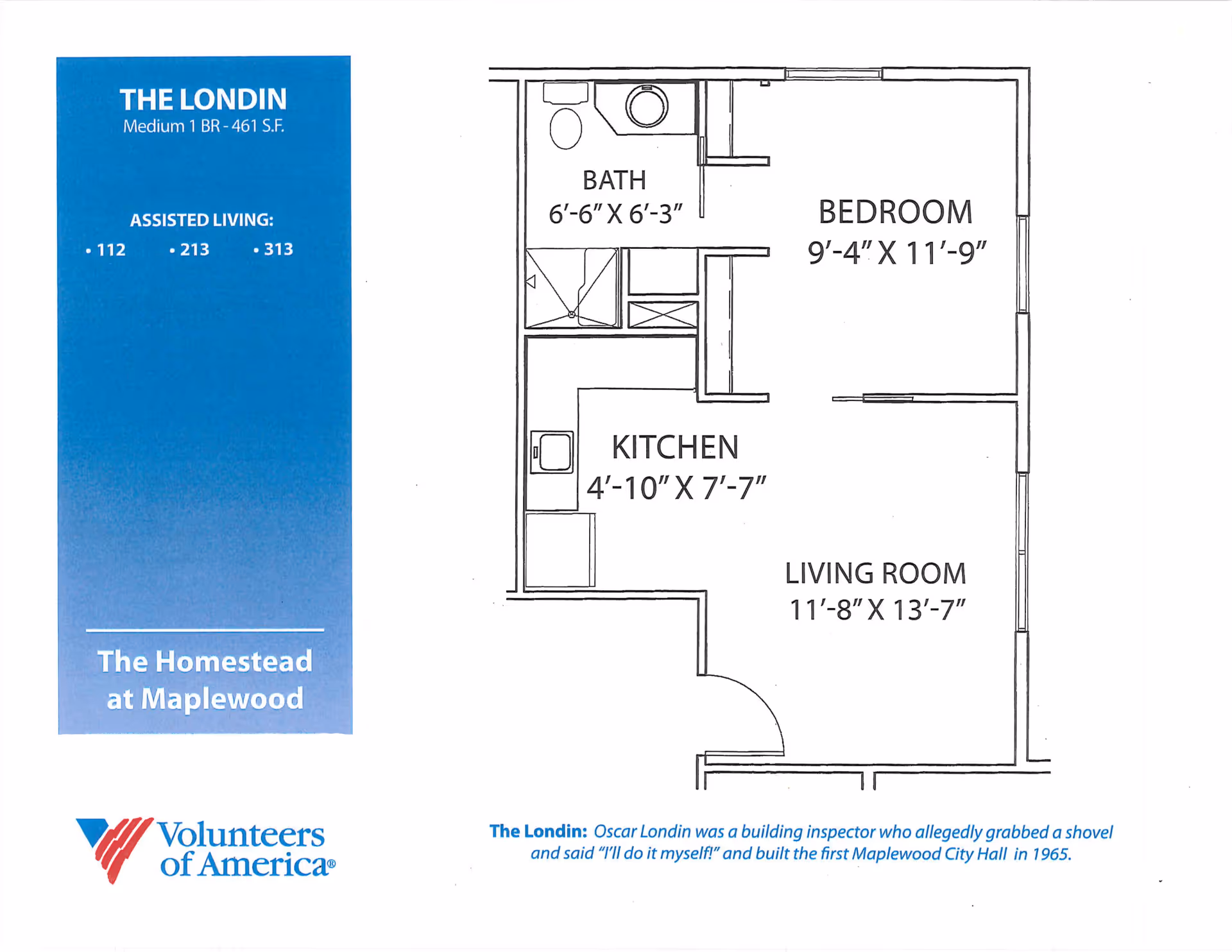 Floor plan of The Londin, a medium 1 bedroom assisted living unit at The Homestead at Maplewood, showing a bedroom, bath, kitchen, and living room with dimensions.