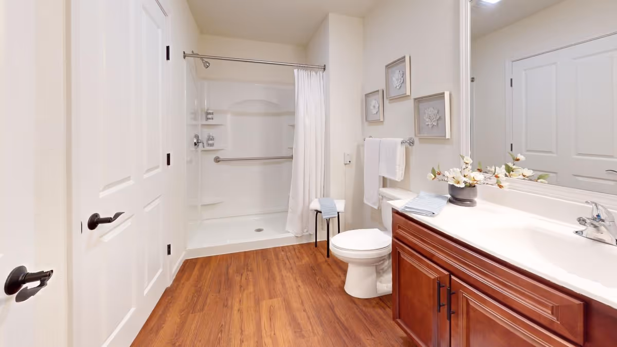 Bright accessible bathroom with a walk-in shower, toilet, large vanity with sink, and wood-look flooring.