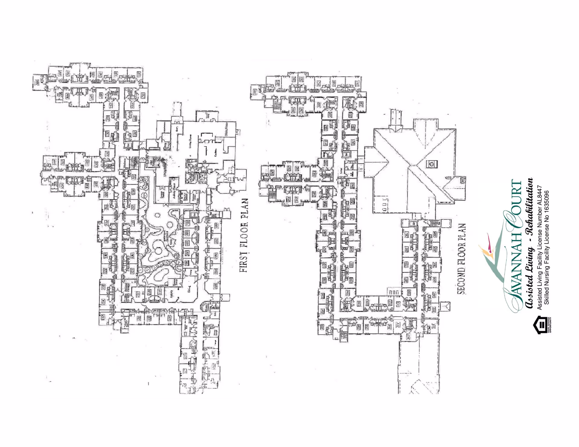 Architectural floor plans showing the first and second floor layouts of a senior living facility named Savannah Court Assisted Living & Rehabilitation. The plans detail room arrangements, corridors, and common areas.