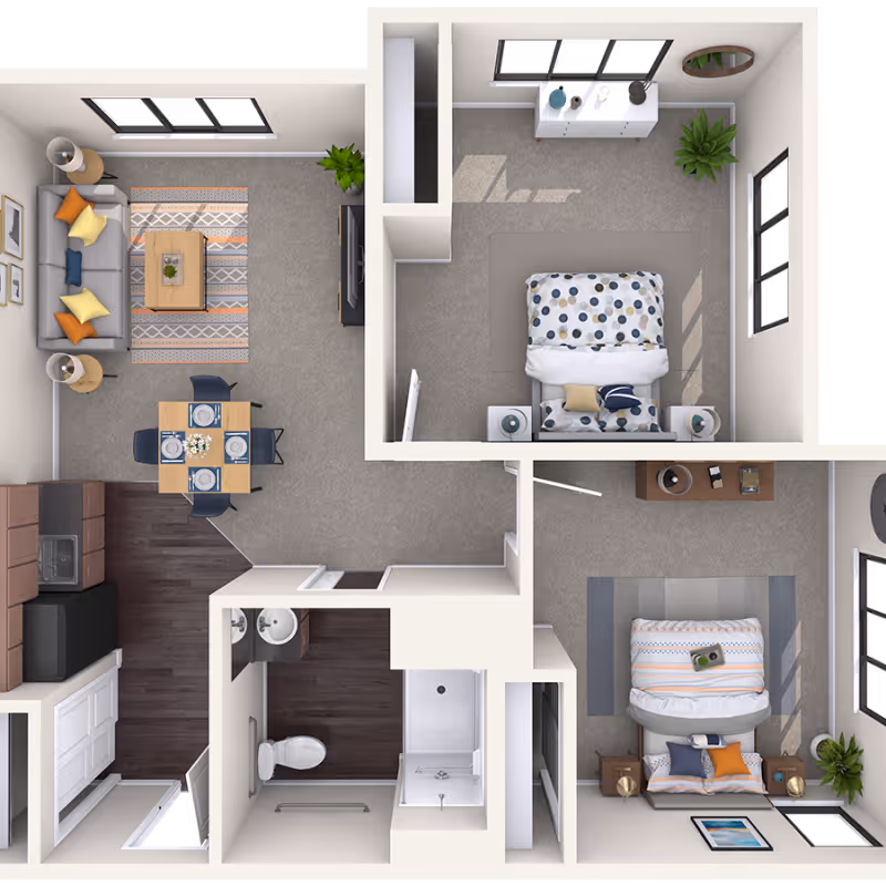 Top-down view of a senior living apartment floor plan at The Landing of North Haven, featuring two bedrooms, a living room with a sofa and TV, a dining area with a table set for four, a kitchen with appliances, and a bathroom with a shower and toilet.