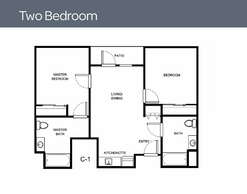 Floor plan layout of a two-bedroom unit featuring a master bedroom with an attached master bath, a second bedroom, a separate bath, a living/dining area, a kitchenette, an entryway, and a patio.