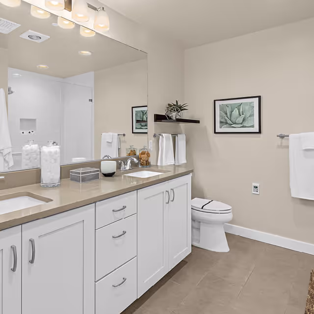 A clean and modern bathroom featuring a double sink vanity with white cabinets and a beige countertop. Above the sinks is a large mirror with three light fixtures. On the countertop are decorative items including a candle, a box, and jars filled with cotton balls and other items. To the right, there is a white toilet, a towel rack with white towels, a small floating shelf with a plant and decorative object, and a framed picture of a succulent on the beige wall. The floor is tiled in a neutral color.