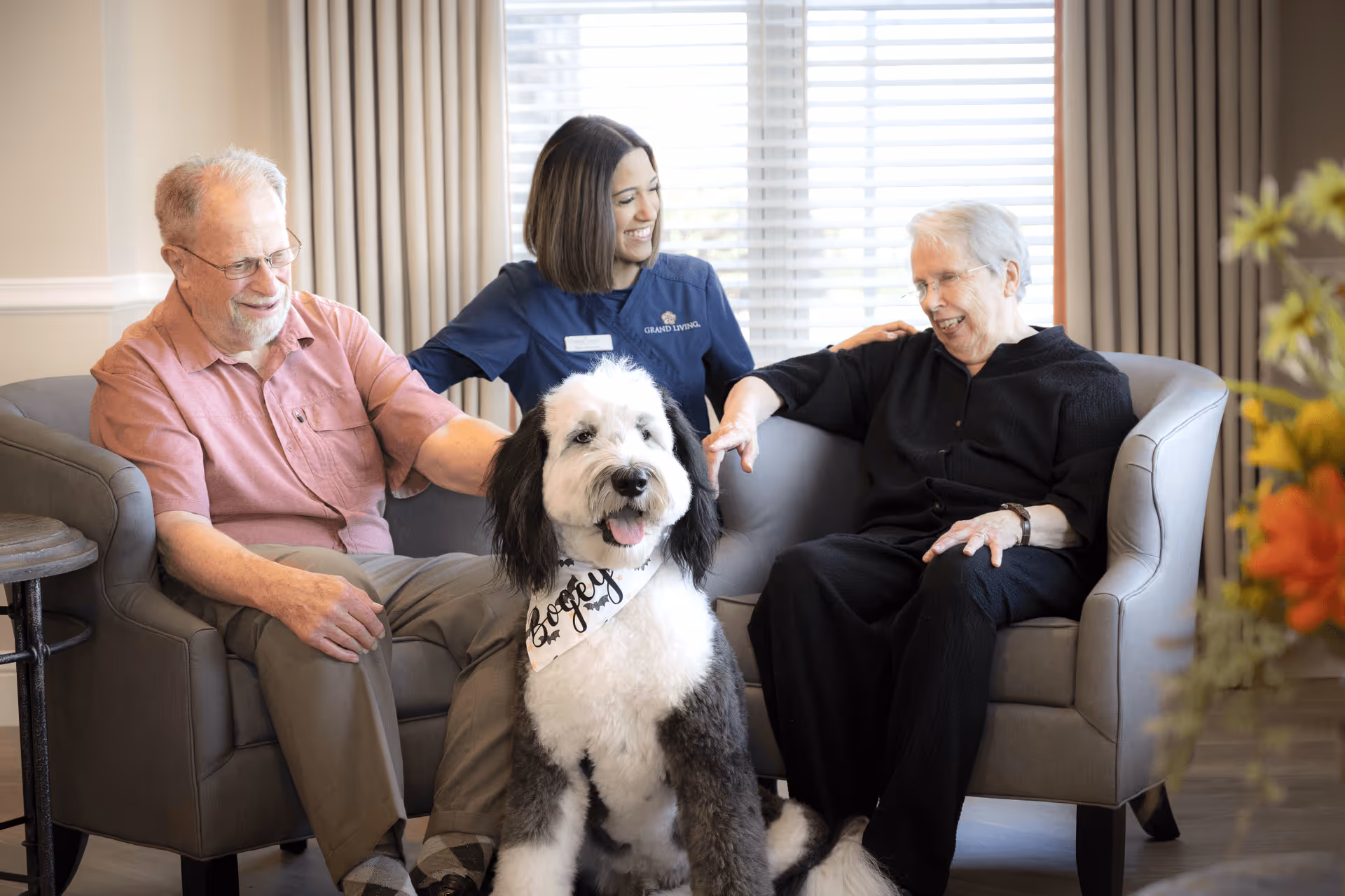 An elderly man and woman sitting on a gray couch in a bright room with large windows and beige curtains. A woman in a blue Grand Living uniform sits between them, smiling and interacting with the elderly woman. A large black and white dog wearing a bandana that says 'Boogie' sits in front of the couch, looking happy with its tongue out.