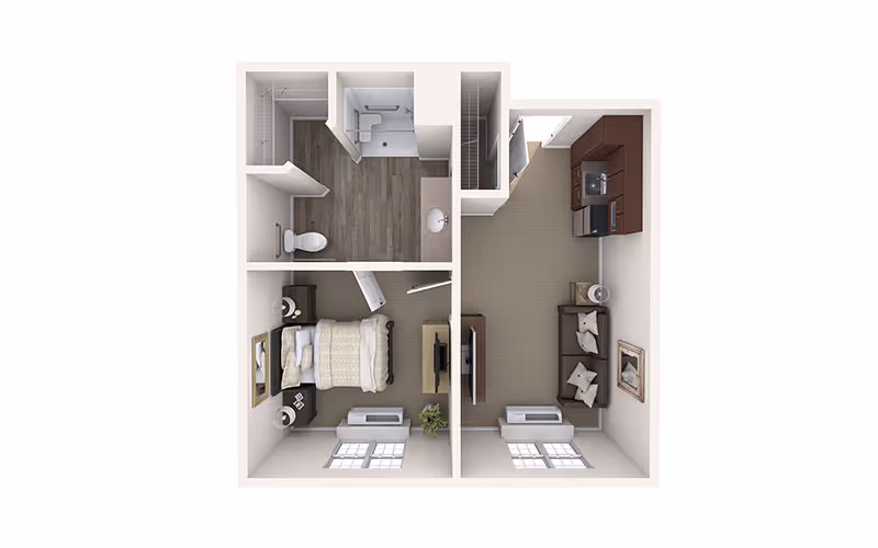 Top-down 3D floor plan of a one-bedroom apartment showing a bedroom, bathroom, living area, and kitchenette.