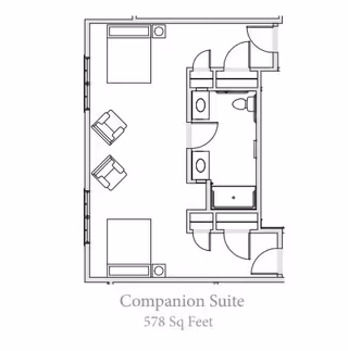Architectural floor plan of a companion suite measuring 578 square feet, showing two beds, two chairs, a bathroom with a toilet and shower, and entry doors.