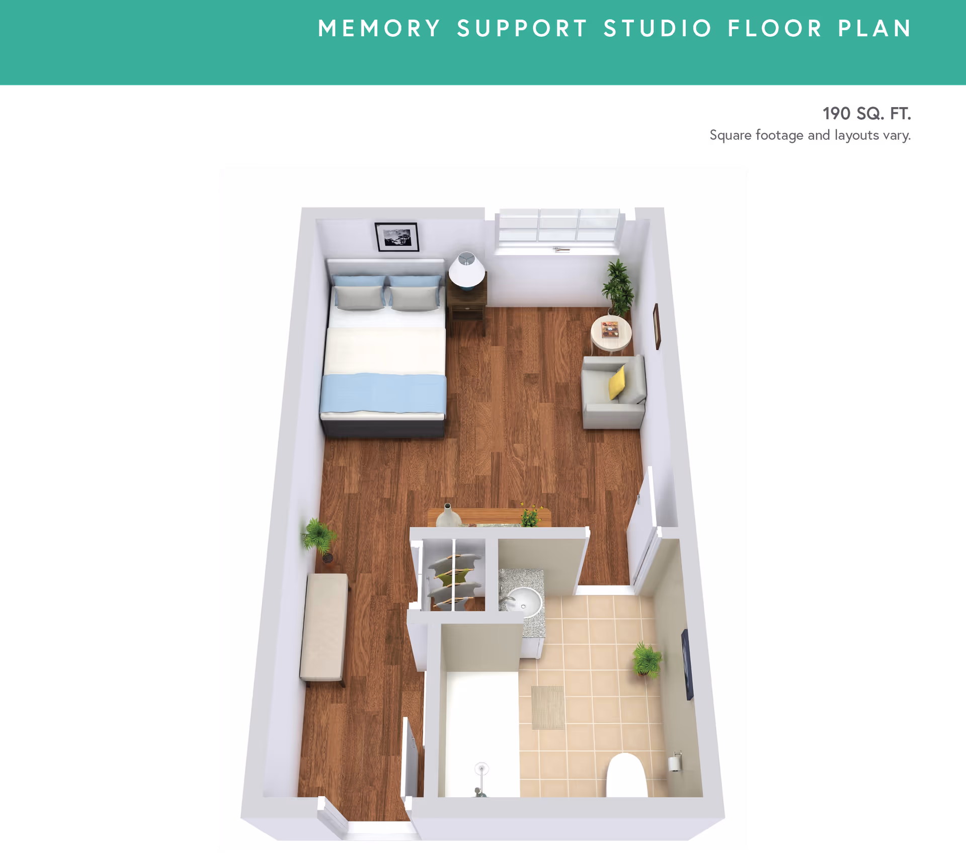 3D studio memory-support floor plan showing a small apartment with a bed, seating area, closet and a bathroom.
