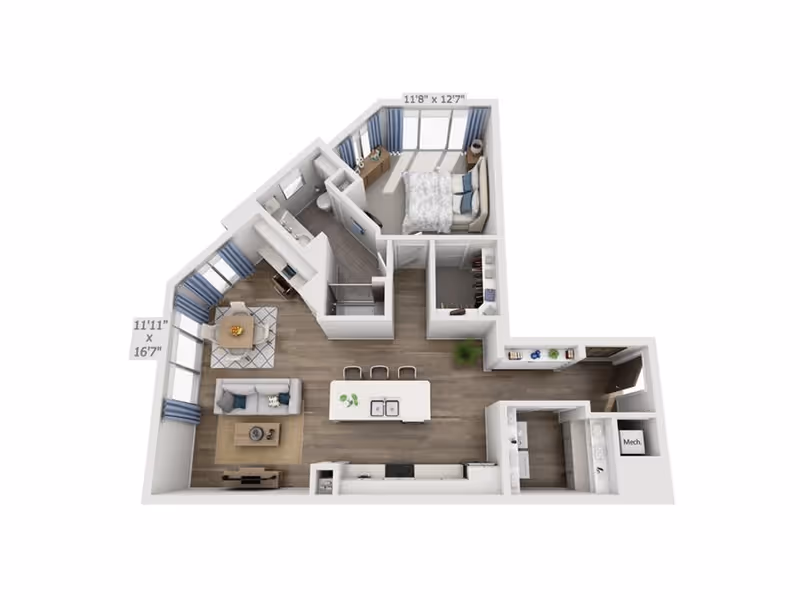3D rendered floor plan of a one-bedroom apartment showing a living area, kitchen with island, dining nook, bedroom, and bathroom.