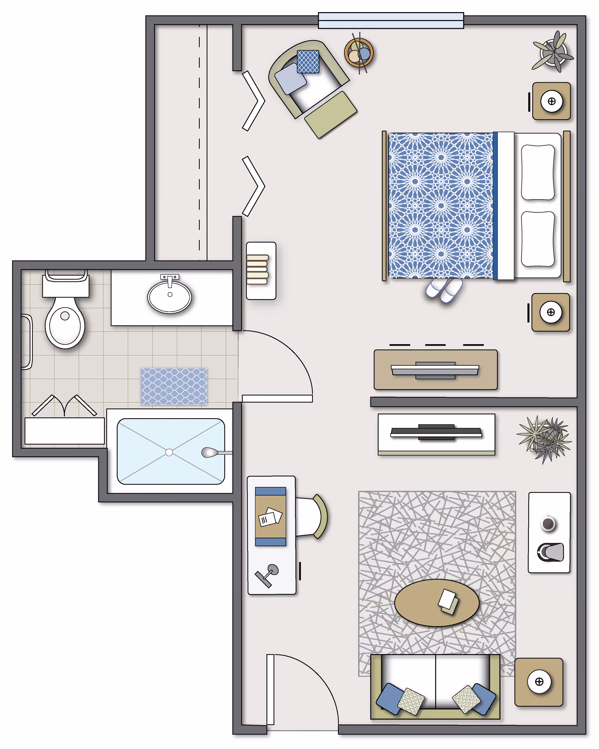 Floor plan of a senior living unit at Azalea Commons of Springdale showing a bedroom with a bed, two nightstands, a chair, and a plant. The living room area includes a sofa, coffee table, TV stand with a TV, a desk with a chair, and a plant. The bathroom has a toilet, sink, and bathtub with a shower.