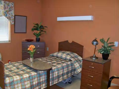 Two twin beds with plaid quilts, nightstands, and orange-walled bedroom.