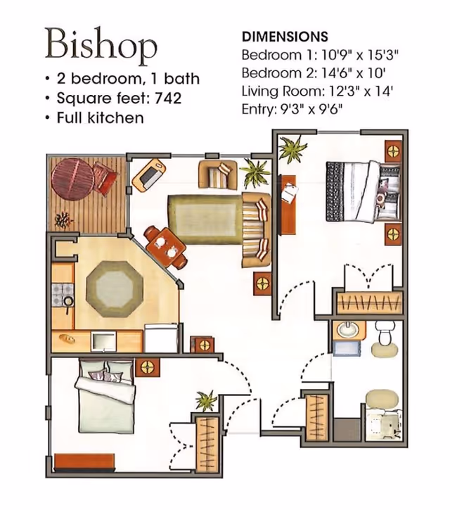 Floor plan illustration of a two-bedroom, one-bath apartment named Bishop with a full kitchen, living room, entry area, and a small outdoor deck. The layout includes dimensions for each room and shows furniture placement.