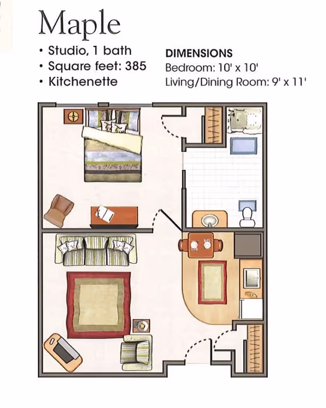 Floor plan for Maple studio apartment at St Josephs Village showing a 385 square feet layout with one bathroom, a bedroom area measuring 10 by 10 feet, and a living/dining room area measuring 9 by 11 feet. The plan includes a kitchenette, a bathroom with a bathtub, toilet, and sink, a bedroom with a bed and nightstand, and a living area with a sofa, chair, coffee table, and dining table with two chairs.
