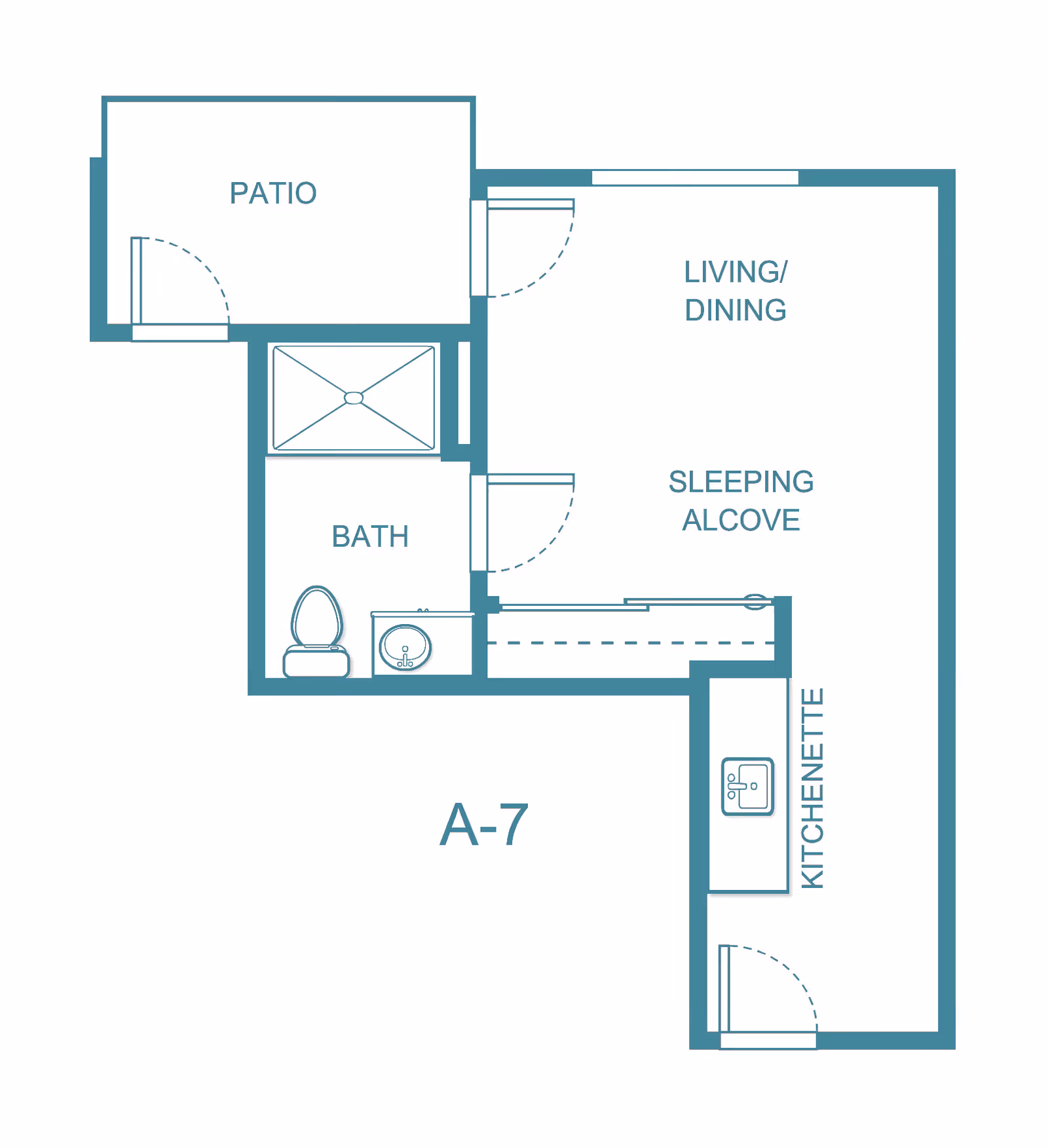 Floor plan labeled A-7 showing a layout with a patio, bath with toilet and sink, living/dining area, sleeping alcove, and kitchenette with a sink.