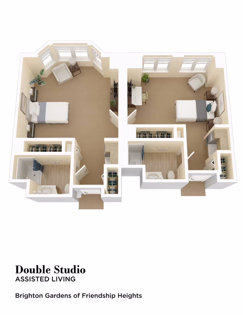 3D floor plan of a double studio assisted living apartment at Brighton Gardens of Friendship Heights, showing two separate bedrooms each with a bed, chair, and side tables, two bathrooms, closets, and a small kitchenette area.