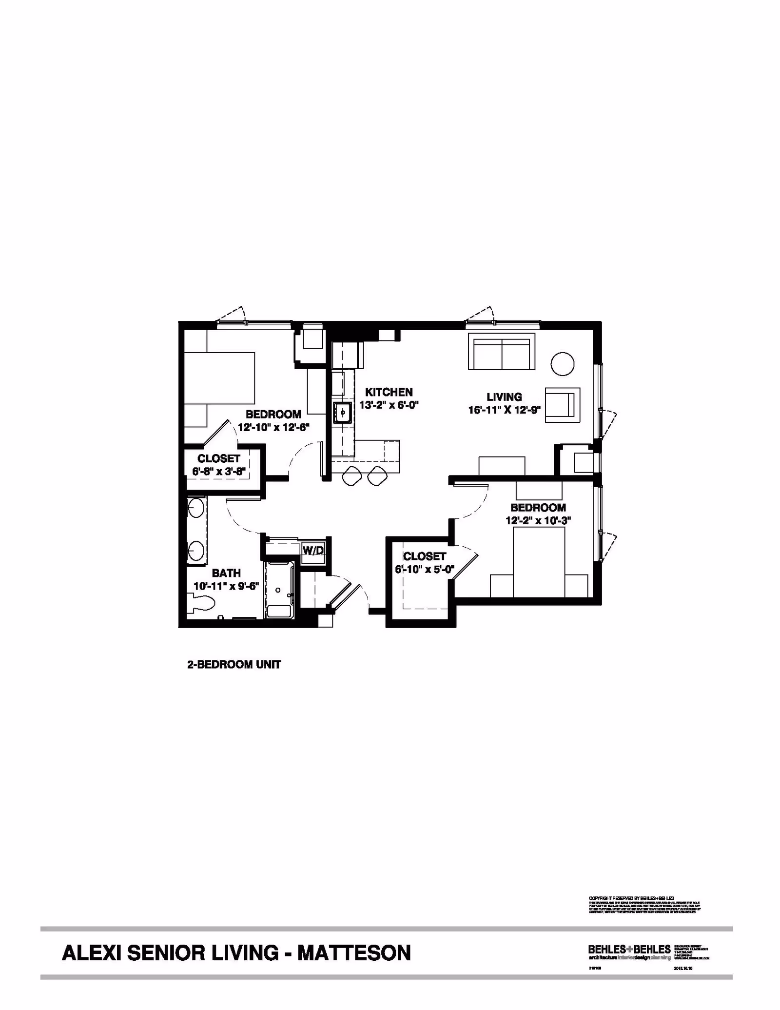 Floor plan of a 2-bedroom unit at Alexi Senior Living - Matteson, showing two bedrooms, a kitchen, a living area, a bathroom, closets, and a washer/dryer area.