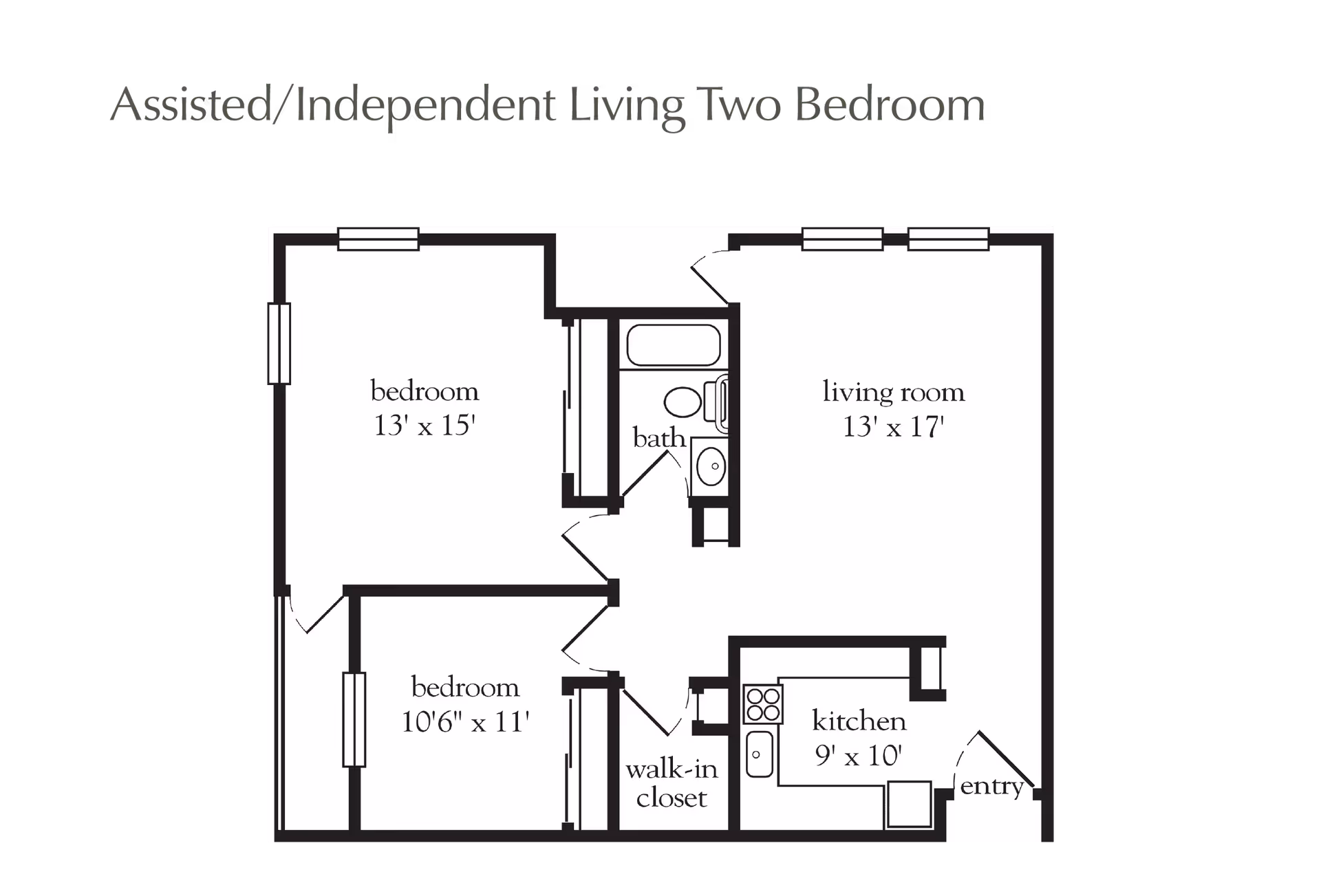 Floor plan of an assisted/independent living two-bedroom apartment showing two bedrooms, a bathroom, a living room, a kitchen, a walk-in closet, and an entryway.