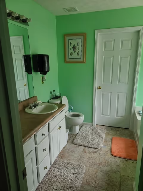 Bathroom with bright green walls, a white vanity and sink, toilet, bath mats, and a closed door.