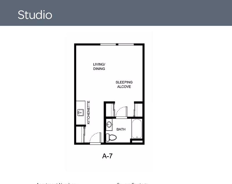 Floor plan of a studio apartment labeled A-7 showing a living/dining area, sleeping alcove, kitchenette, and bathroom with a bathtub and toilet.