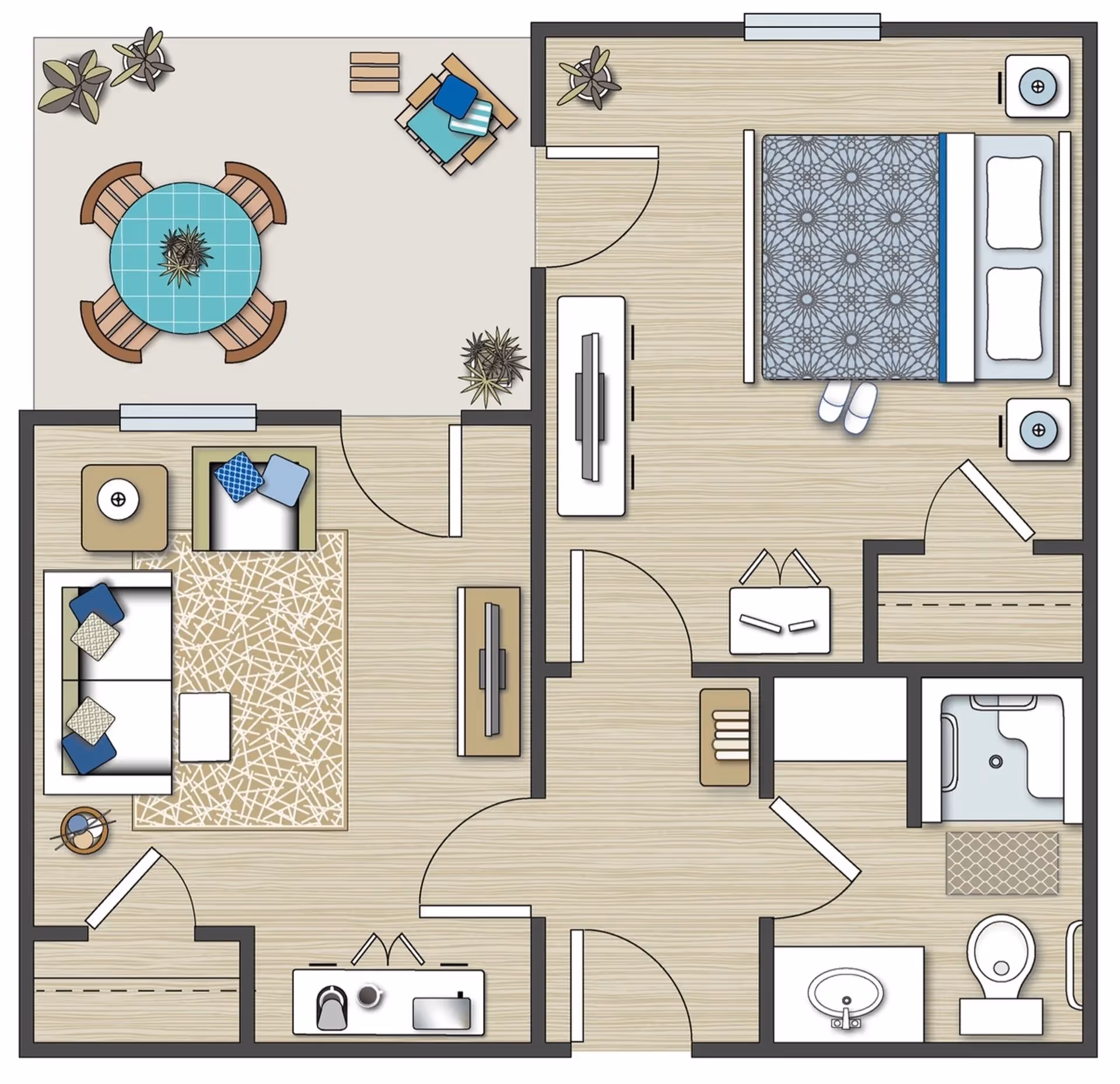 Floor plan of a senior living unit at Country Village Senior Living showing a bedroom with a bed, nightstands, and closet; a living room with sofa, armchair, coffee table, and TV; a bathroom with shower, toilet, and sink; a small kitchen area with a sink and coffee maker; and an outdoor patio with a round table and chairs, plus some plants.