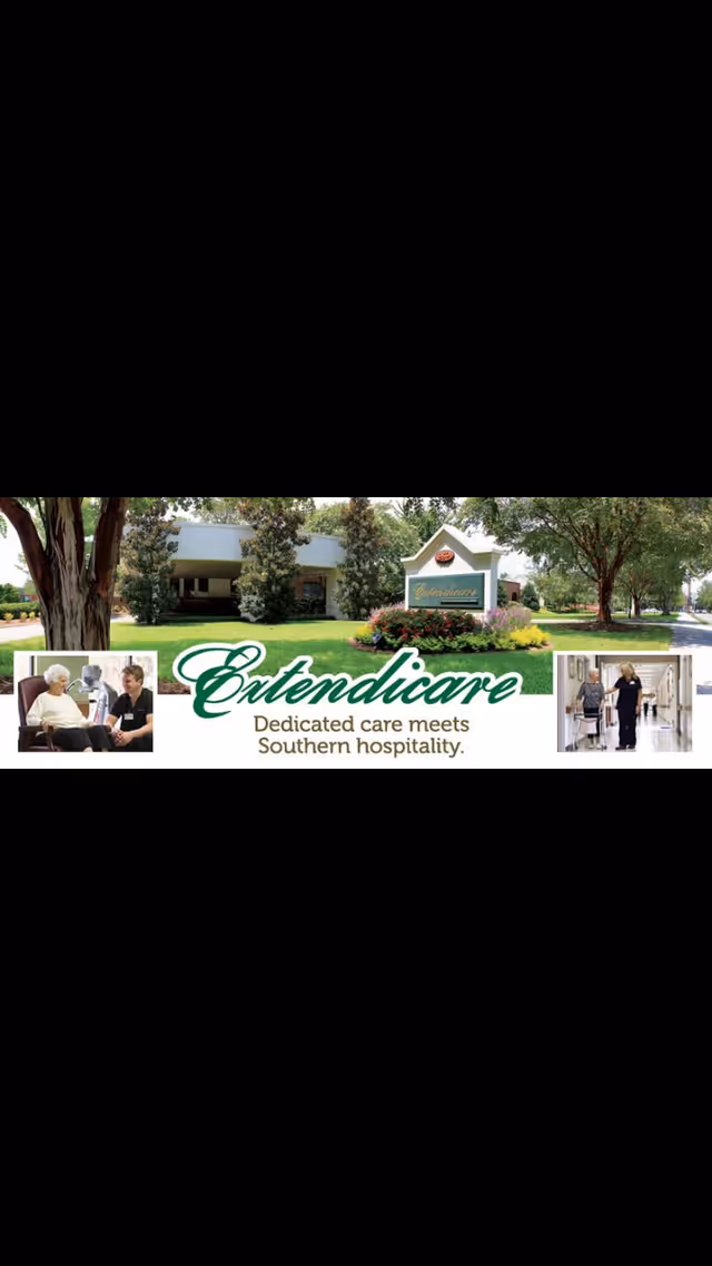 Exterior view of Extendicare Health Center showing the building surrounded by trees and greenery, with a prominent sign displaying the facility's name. Smaller inset images show a caregiver talking with an elderly woman and a staff member assisting a resident in a hallway.