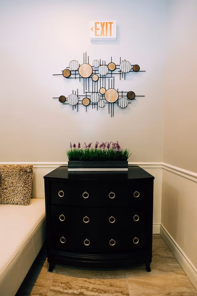 A corner of a room featuring a black chest of drawers with ring handles, topped with a rectangular planter containing green grass and purple flowers. Above the chest is a modern wall decoration made of circular and linear metal elements. To the left is a beige cushioned bench with a textured pillow. An illuminated exit sign is mounted on the wall above the decoration.