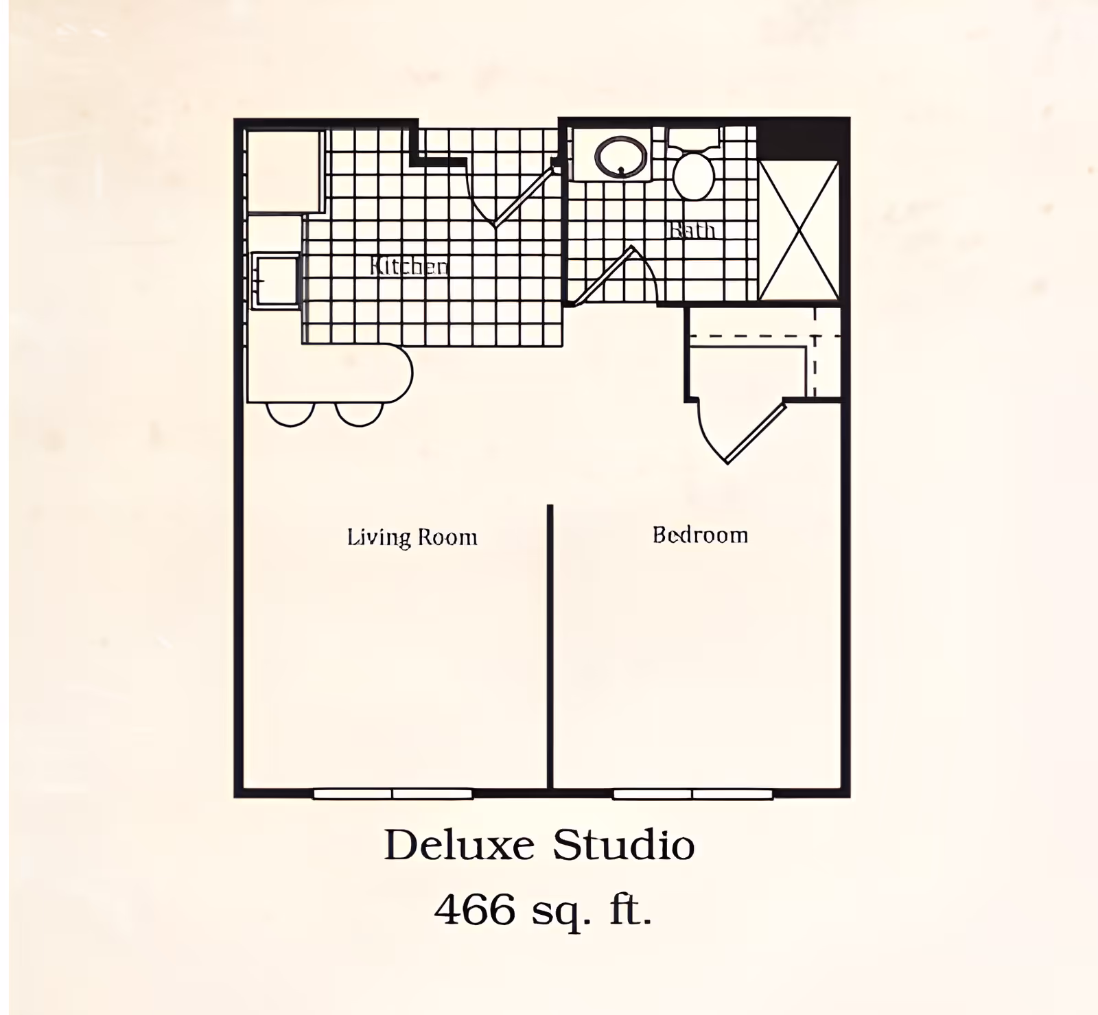 Floor plan of a Deluxe Studio apartment with 466 square feet, showing a living room, bedroom, kitchen, and bathroom layout.