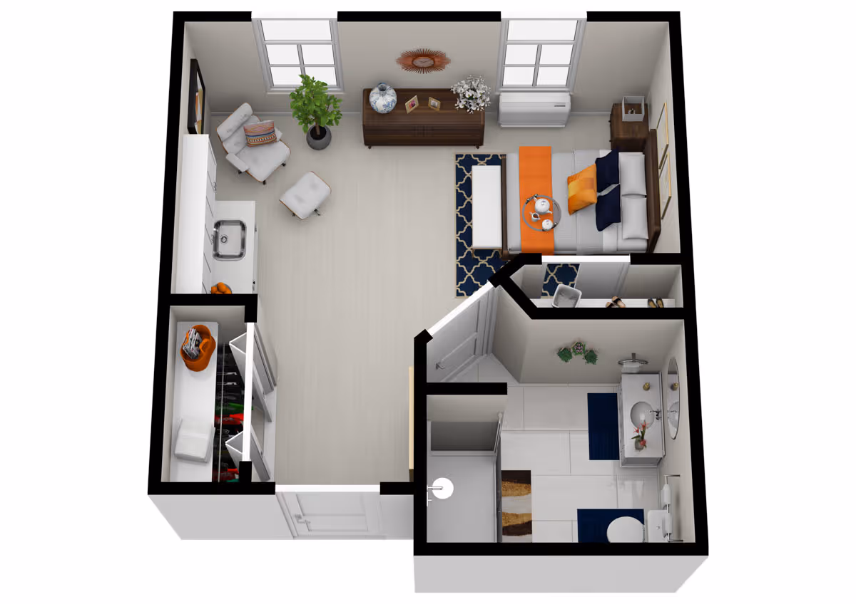 3D floor plan of a small apartment featuring a bedroom with a bed, pillows, and a rug, a living area with a chair, ottoman, plant, and dresser, a kitchenette with a sink and counter, a closet with hanging clothes, and a bathroom with a shower, toilet, and sink.