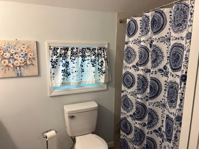 Small bathroom with a toilet beneath a curtained window, a blue-and-white patterned shower curtain, a toilet paper holder, and floral wall art.