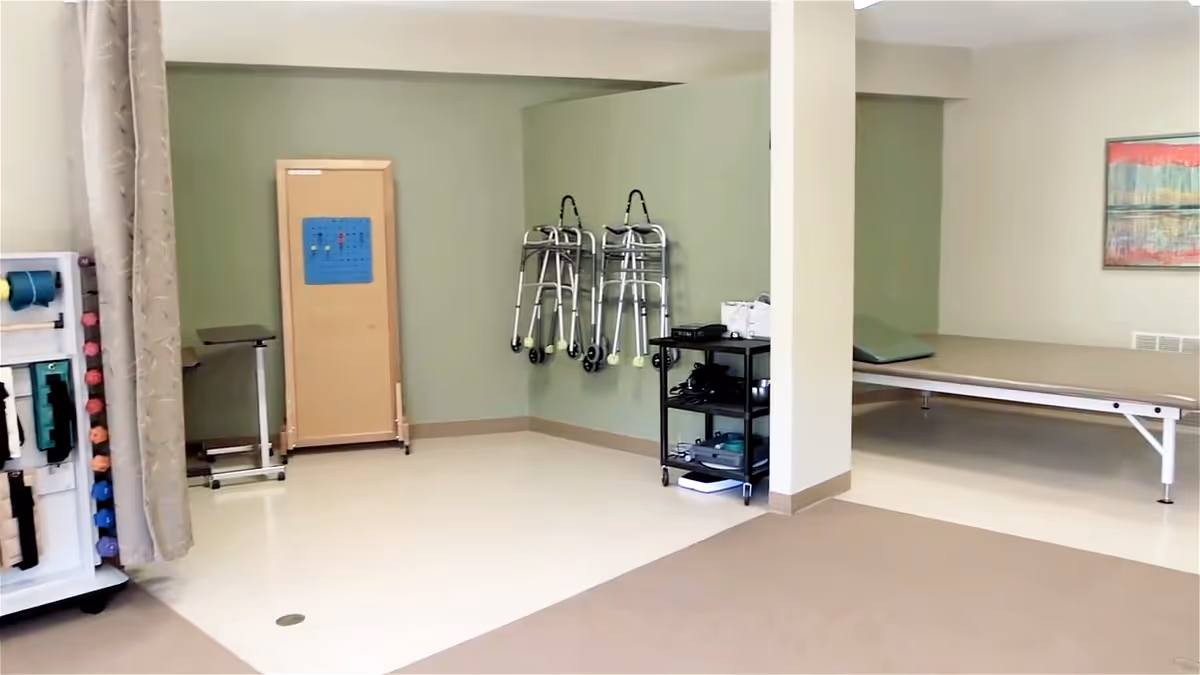 A physical therapy or rehabilitation room with exercise equipment including weights, resistance bands, walkers hanging on the wall, a treatment table with a pillow, and a small rolling cart with supplies. The room has light green walls and beige flooring, with a colorful abstract painting on one wall.