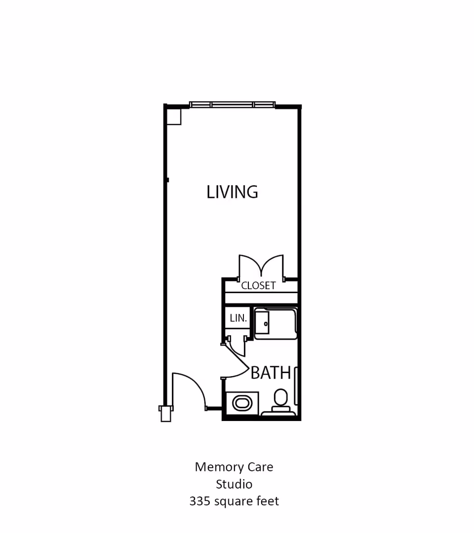 Floor plan of a memory care studio apartment at The Wellington at North Bend Crossing, showing a living area, closet, linen closet, and a bathroom. The total area is 335 square feet.