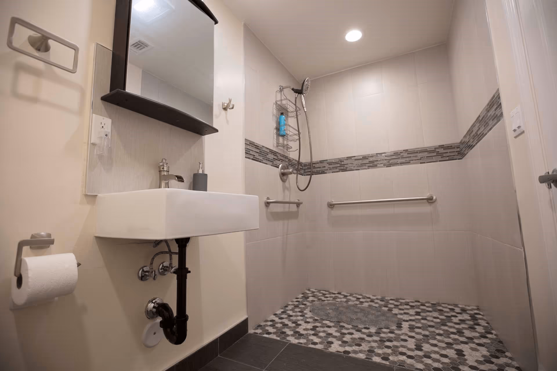 A modern bathroom with a wall-mounted sink, a mirror above it, a toilet paper holder with a roll of toilet paper, and a walk-in shower area featuring a handheld showerhead, grab bars, and a tiled floor with hexagonal patterns.