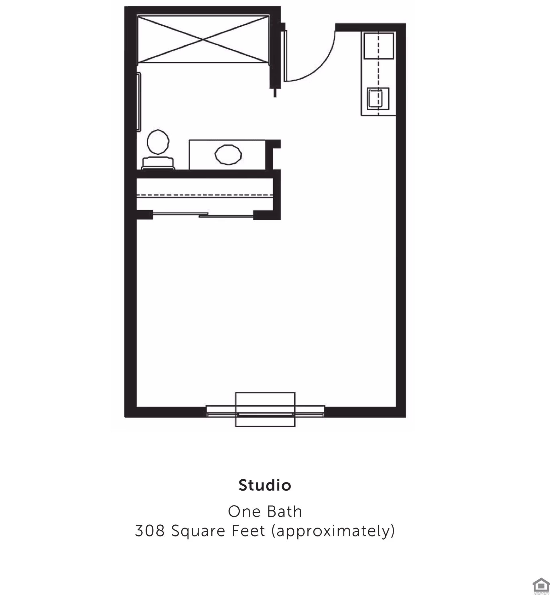 Floor plan of a studio apartment with one bathroom, approximately 308 square feet. The layout includes a main living and sleeping area, a bathroom with a toilet and sink, and a small kitchenette area.