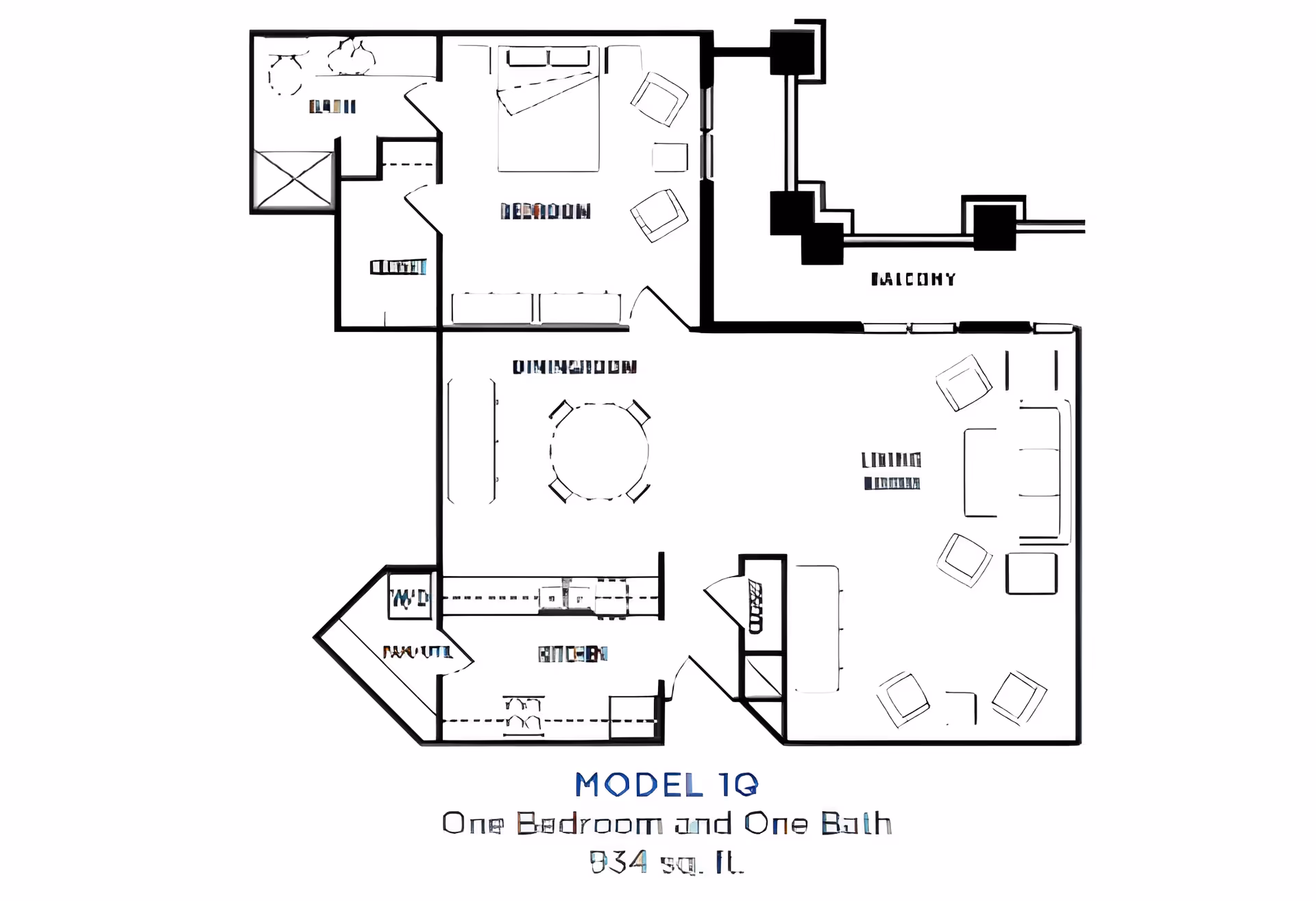 Floor plan of a one-bedroom, one-bath apartment labeled Model 1G with 834 square feet. The layout includes a bedroom, bathroom, kitchen, dining room, living room, and a balcony.