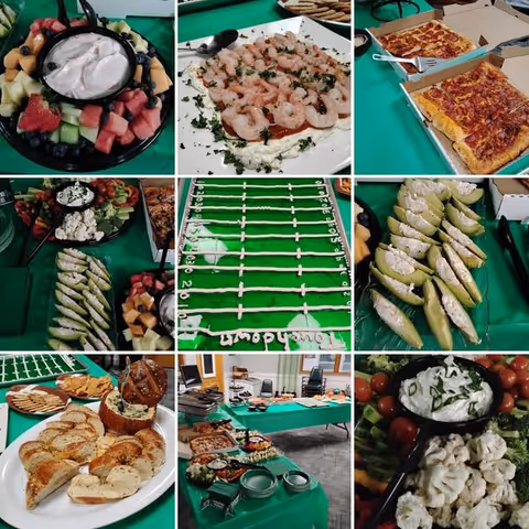 A collage of nine images showing a buffet-style spread of various foods on green tablecloths, including fruit platters with dip, shrimp on a creamy base garnished with herbs, pizza slices, stuffed celery, a football-themed cake, assorted breads with dip, and a wider view of the buffet setup in a room with tables and chairs.