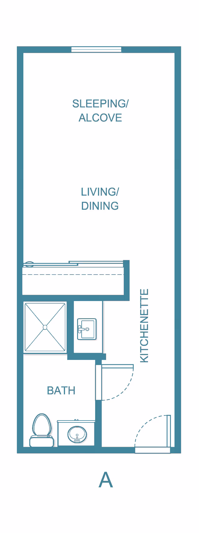 Floor plan of a senior living unit labeled A, showing areas for sleeping/alcove, living/dining, kitchenette, and a bathroom with a shower, toilet, and sink.