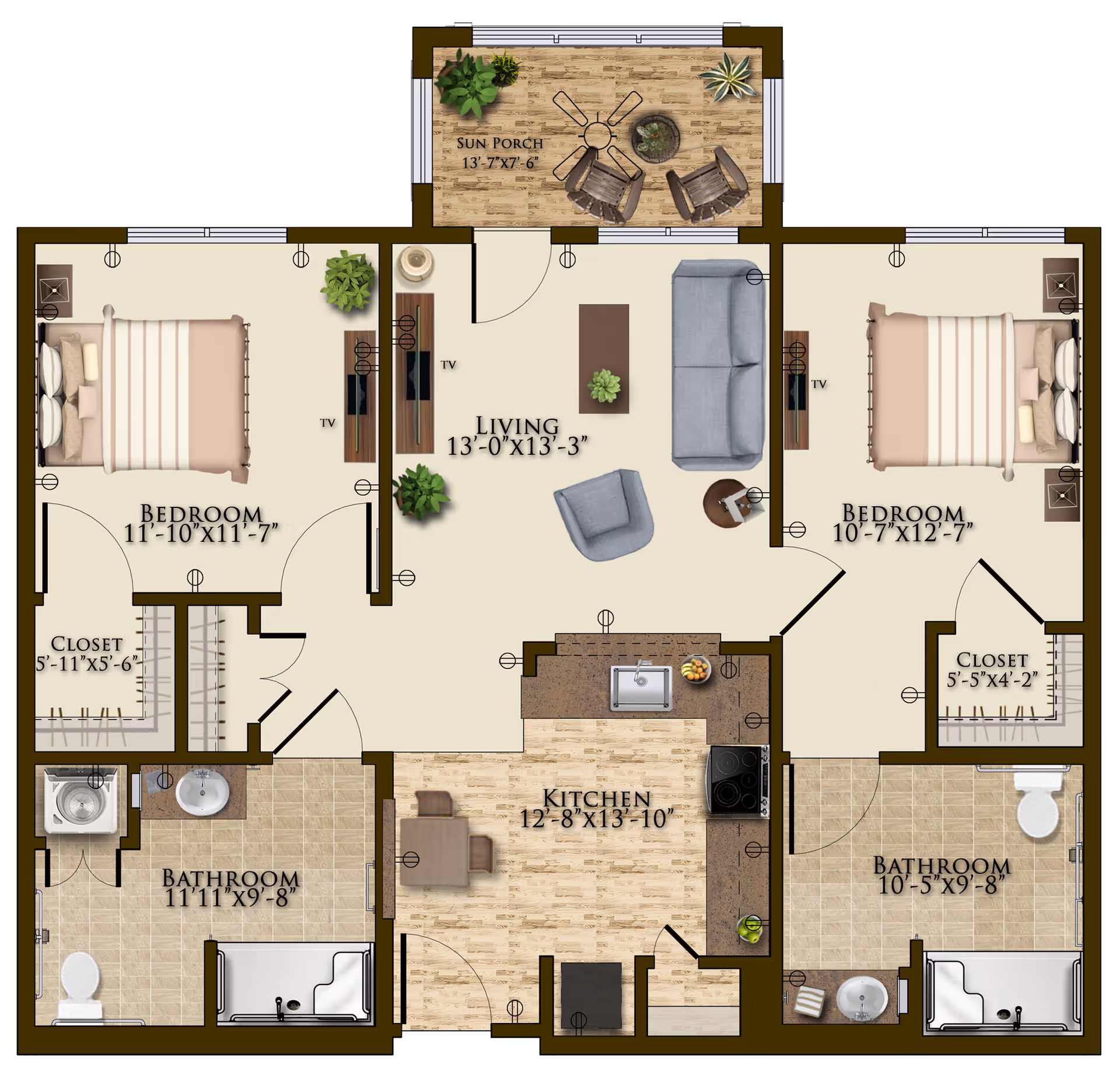 Floor plan of a senior living apartment at Harmony At Mt. Juliet showing two bedrooms, two bathrooms, a kitchen, a living room, and a sun porch. Each bedroom has a closet and a TV. The kitchen includes a dining table, sink, stove, and refrigerator. The living room has a sofa, armchair, coffee table, side table, and TV. The sun porch has two chairs and plants.
