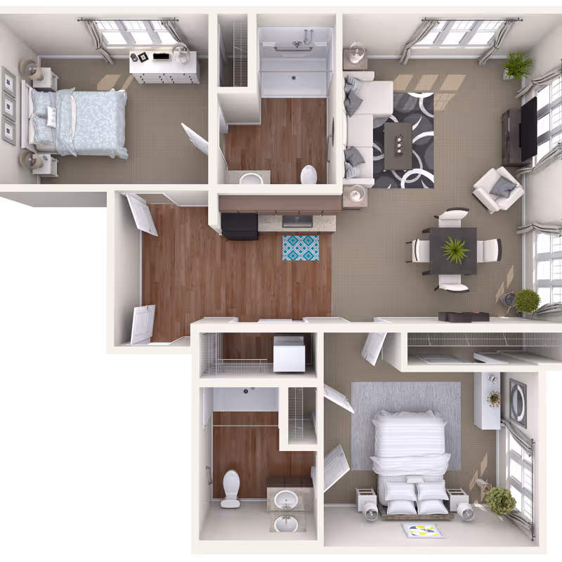 Top-down view of a two-bedroom apartment floor plan featuring a living room with sofa, armchair, coffee table, TV, and dining table with four chairs. The kitchen has a refrigerator, stove, and sink. There are two bathrooms, one with a bathtub and the other with a shower. Both bedrooms have beds, nightstands, and dressers. The apartment also includes closets and a laundry area with a washer and dryer.