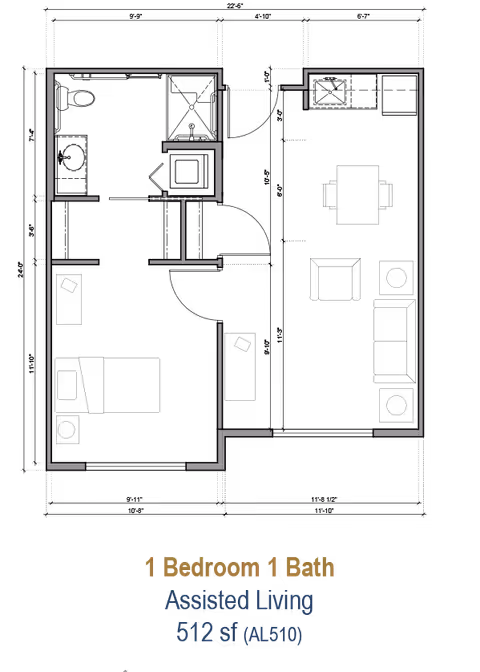 Floor plan diagram of a 1-bedroom, 1-bath assisted living unit labeled '1 Bedroom 1 Bath Assisted Living 512 sf (AL510)'.