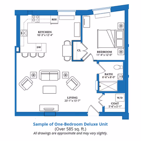 Floor plan of a one-bedroom deluxe unit showing a kitchen, living room, bedroom, bathroom, coat closet, and washer/dryer area. The kitchen includes a refrigerator, stove, and dishwasher. The living room has seating arrangements. The bedroom contains a bed and nightstands. The bathroom has a shower, toilet, and sink. Dimensions for each room are provided.
