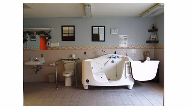 Accessible bathroom with a walk-in bathtub, toilet, wall-mounted sink, grab bars, mirrors, and shelving.