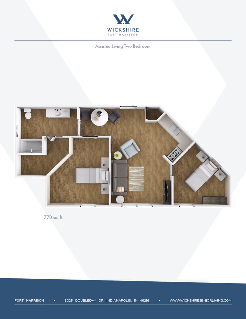 Floor plan of an assisted living two-bedroom apartment at Wickshire Fort Harrison, showing a layout with two bedrooms, a bathroom, a kitchen, a living area with sofa and chair, and a dining area with a round table and two chairs.