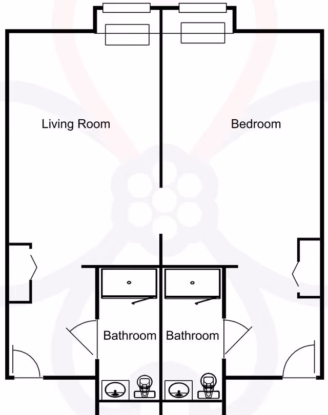 Architectural floor plan showing two adjacent units, each with a living room, bedroom, and bathroom. The layout is symmetrical with separate entrances and bathrooms for each unit.
