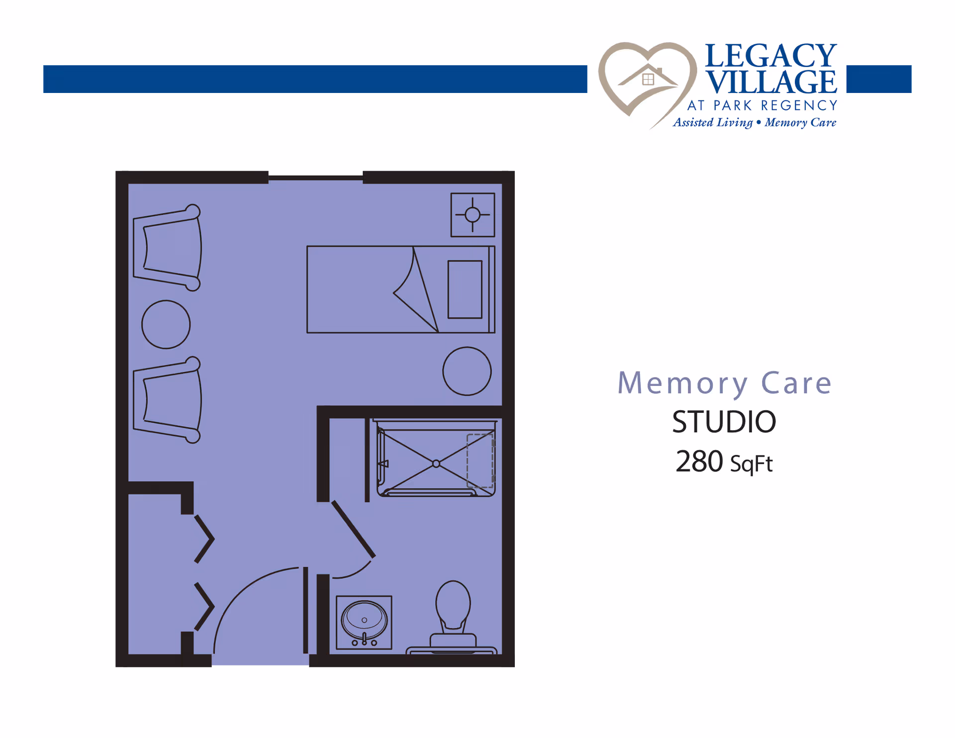Floor plan of a memory care studio apartment at Legacy Village at Park Regency, showing a 280 square feet layout with a bed, two chairs, a small table, a bathroom with a sink, toilet, and shower.