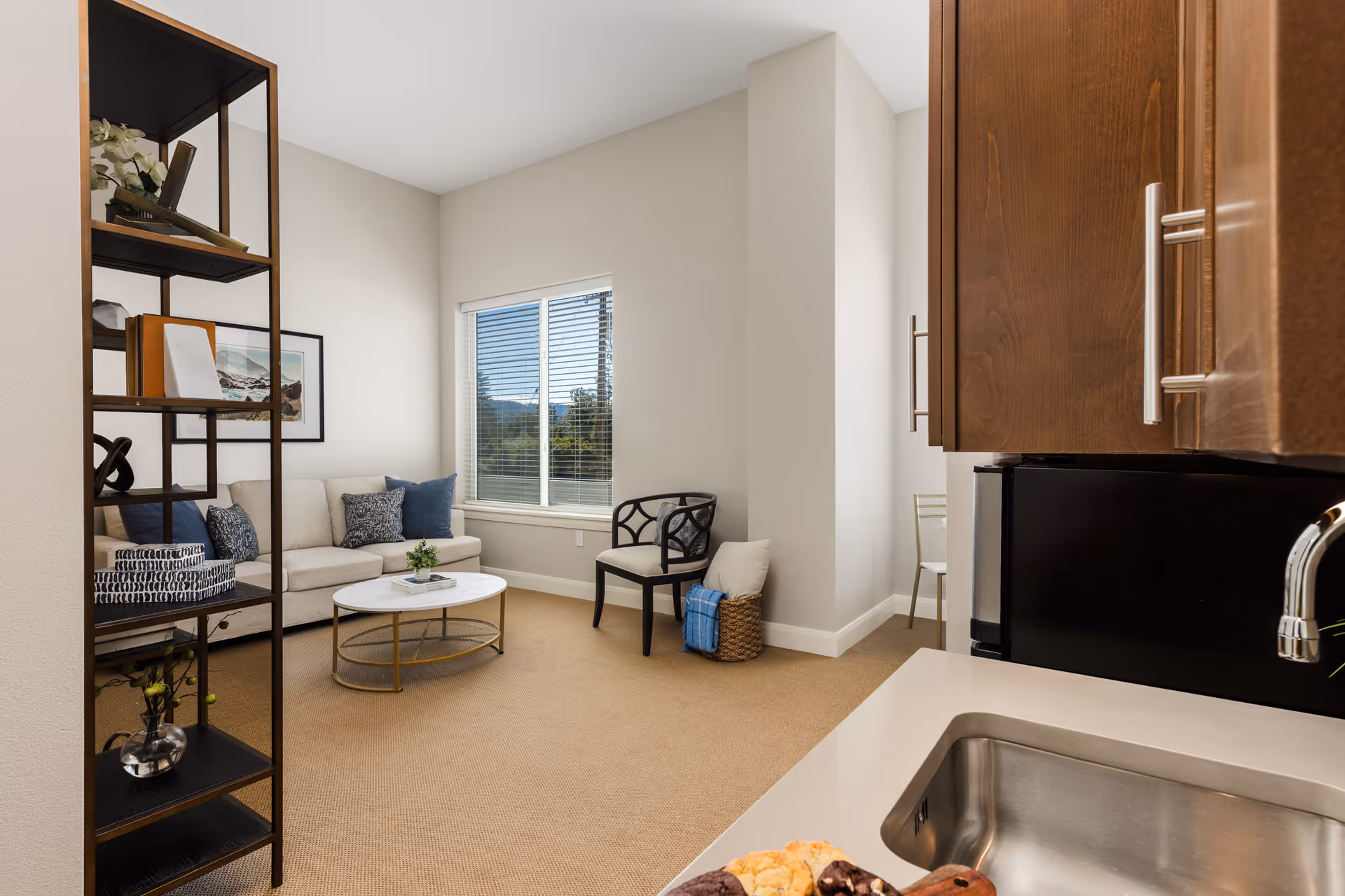 Small living room with a beige sofa, round coffee table, open shelving, a window, and part of a kitchenette with sink and cabinets in the foreground.