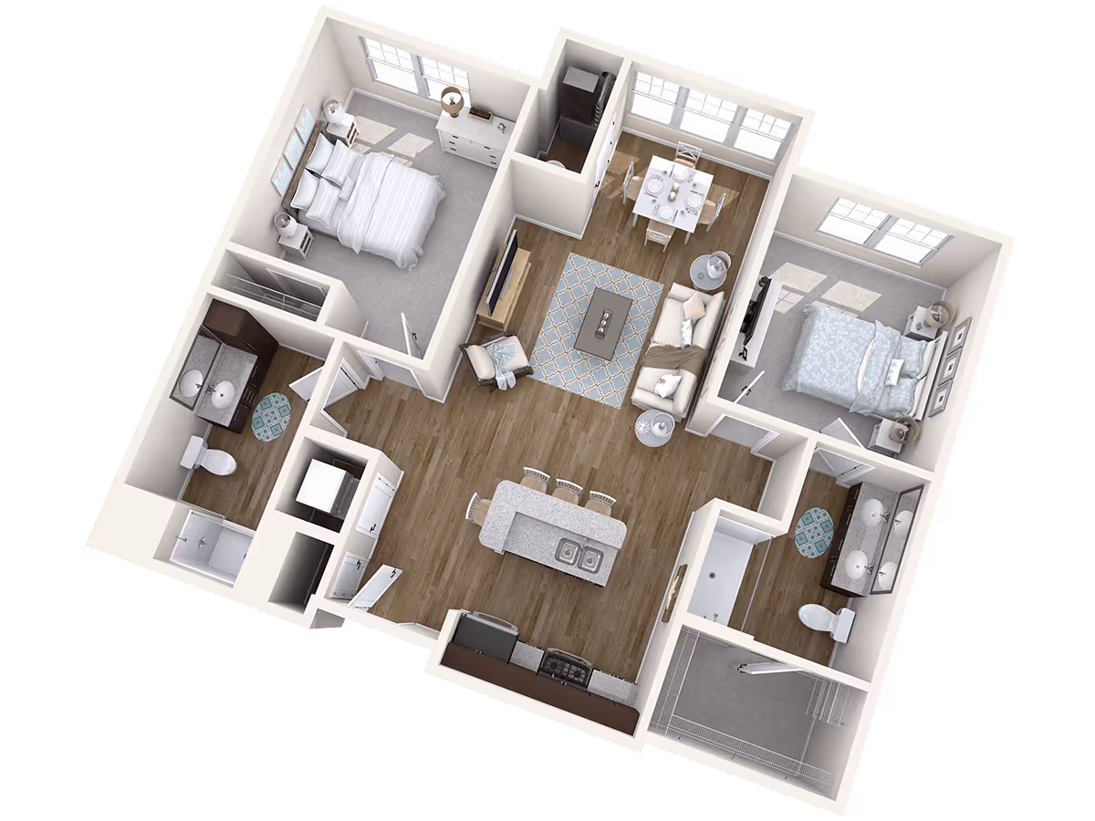 3D floor-plan rendering of a two-bedroom, two-bath apartment with an open kitchen island, central living and dining areas, and closets.