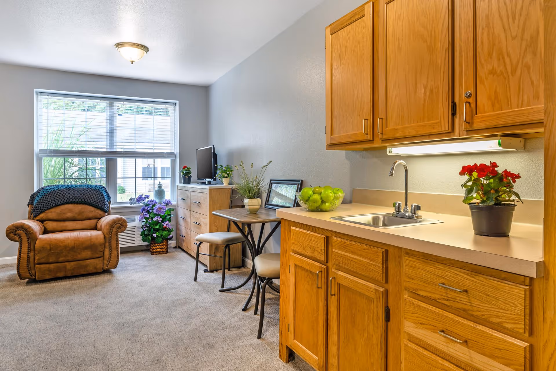 A cozy interior room featuring a small kitchenette with wooden cabinets, a sink, and a countertop decorated with a bowl of green apples and a potted red flower. Adjacent to the kitchenette is a small round table with two chairs, a dresser with a small TV, and a comfortable brown armchair near a large window with blinds partially open, letting in natural light.