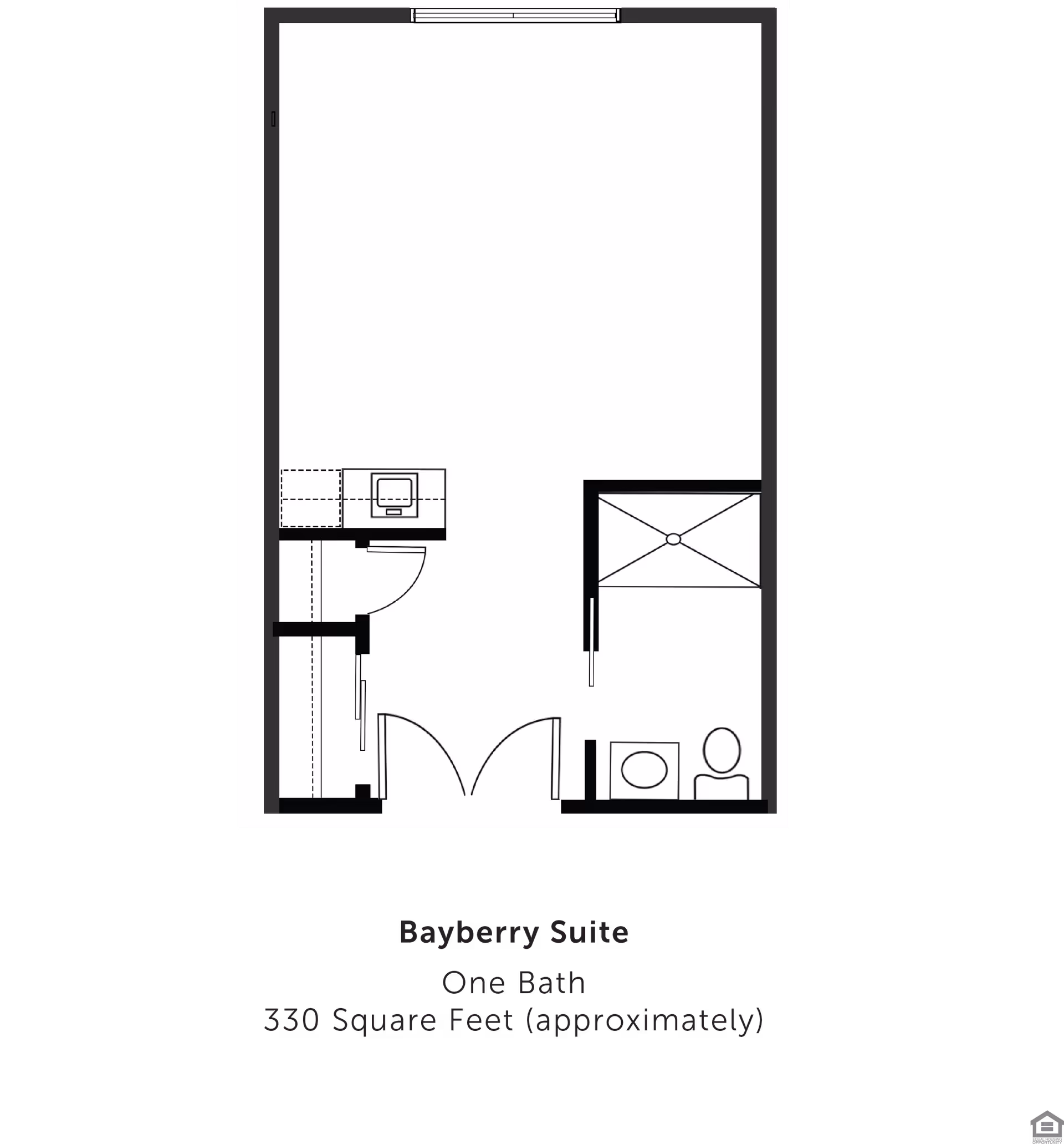Floor plan drawing of the Bayberry Suite showing a single-room layout with a kitchenette, closet and one bathroom.